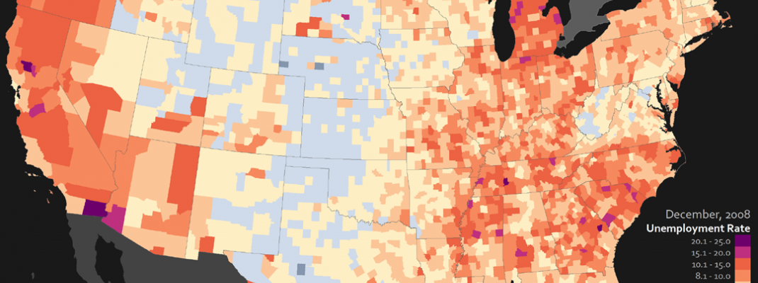 A digital map depicting US unemployment rates by county