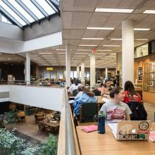 Students working in the atrium of Denison University's Doane Library